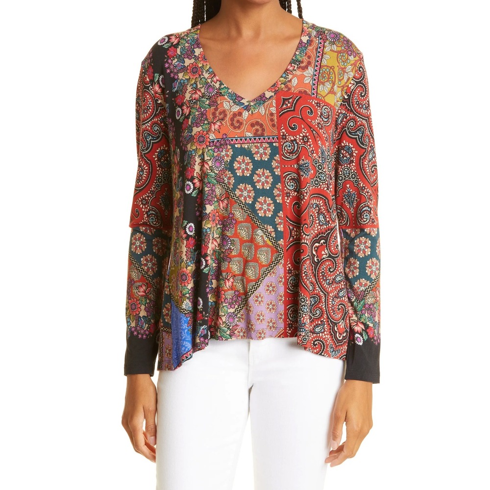 Johnny Was Moa Favorite Paisley Floral Patchwork Long Sleeve V‎ Neck Top Size S
